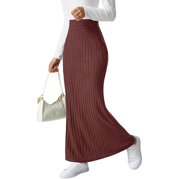 Dresses & Skirts - Women's Brown Ribbed Knit Pencil Side Slit High Waisted Bodycon Long Midi Skirt